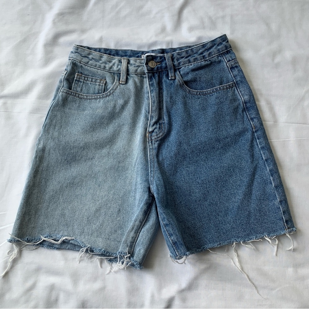 Denim jorts split dye light dark wash fringe